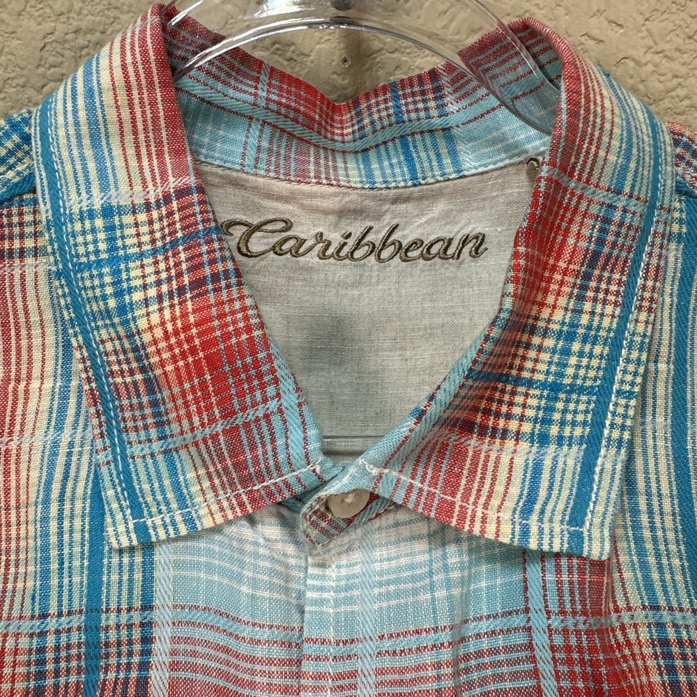 Caribbean‎ Shirt Men Extra Large Blue Red Plaid Linen Blend Short Sleeve Casual